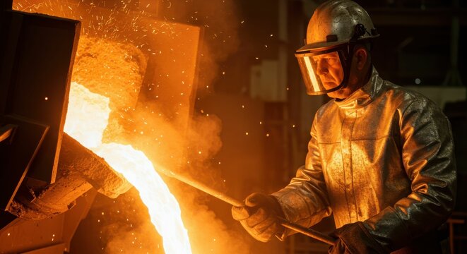 Caucasian male worker in foundry pouring molten metal in protective gear