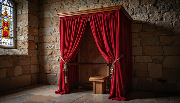 Empty church confessional booth with red velvet curtains, sacred ambiance