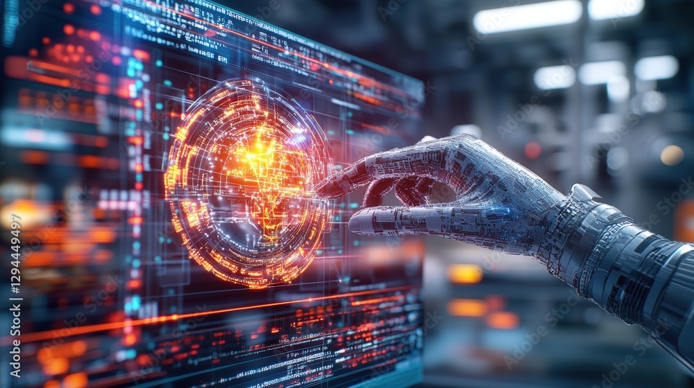 Poster robot hand interacting with digital interface representing advancements in industrial technology sys