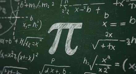 Pi symbol on chalkboard with mathematical equations and formulas
