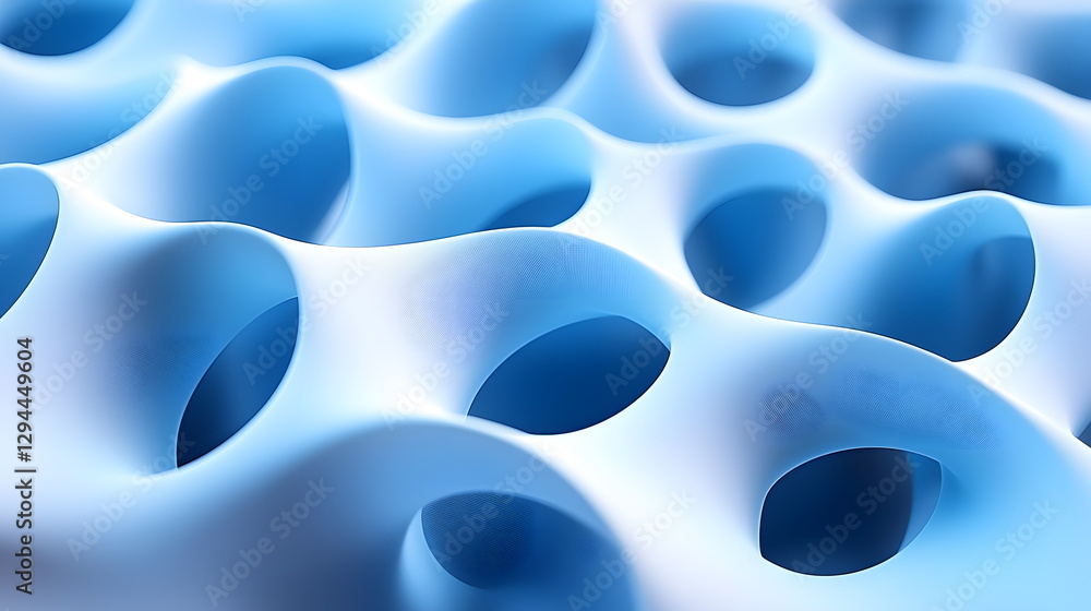 Poster blue abstract pattern with organic shapes and holes, flowing design with smooth curves and soft ligh