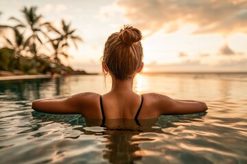 Woman with her back turned in an infinity pool looking at the ocean
