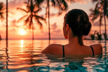 Woman with her back turned in an infinity pool looking at the ocean