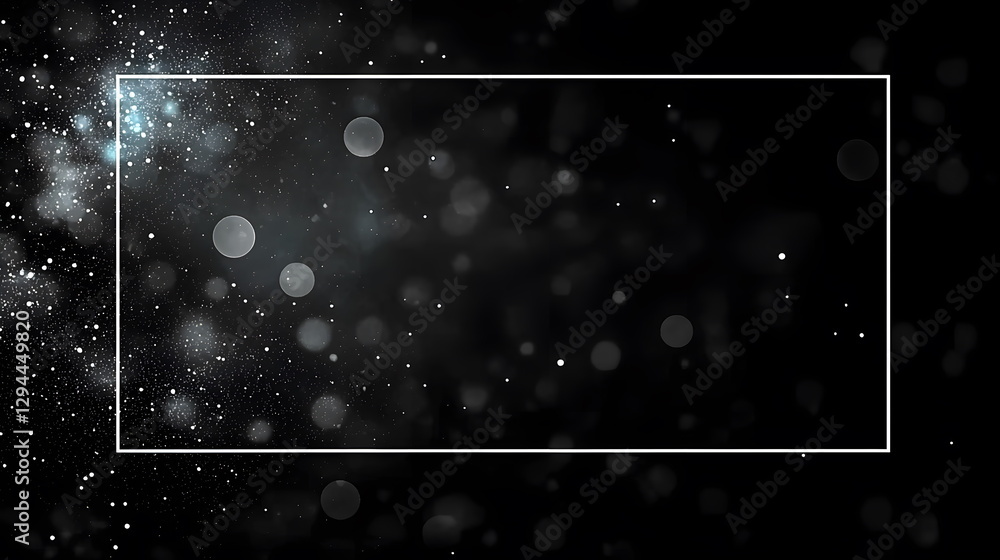 Aufkleber bokeh lights glowing in a dark background with a white rectangular frame for artistic designs and pr