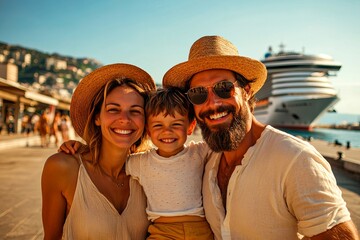 Happy family with a cruise ship in the background in summer