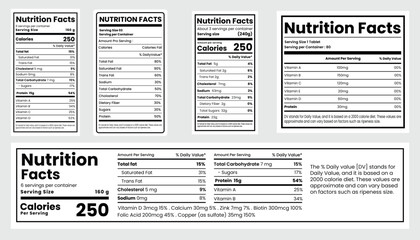 Nutrition facts template design ,Supplement facts and vitamin facts template,  fats and diet calories list for fitness healthy dietary supplement, protein sport nutrition facts American standard.