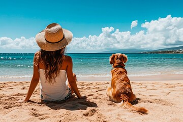 Woman looking at the sea on the beach with her dog. Rear view
