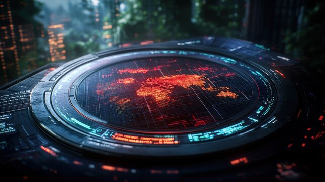 Futuristic city skyline with digital systems and world map showcasing industrial advancements and technology - Powered by Adobe