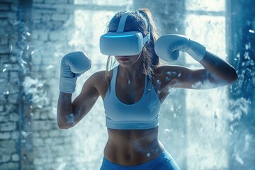 A female boxer wearing a VR headset trains intensely, showcasing a blend of virtual and physical fitness.
