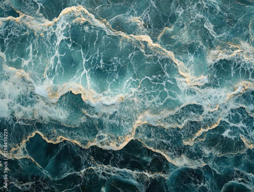 Aufkleber aerial view of turquoise ocean water with white foamy waves crashing on the surface creating beautif