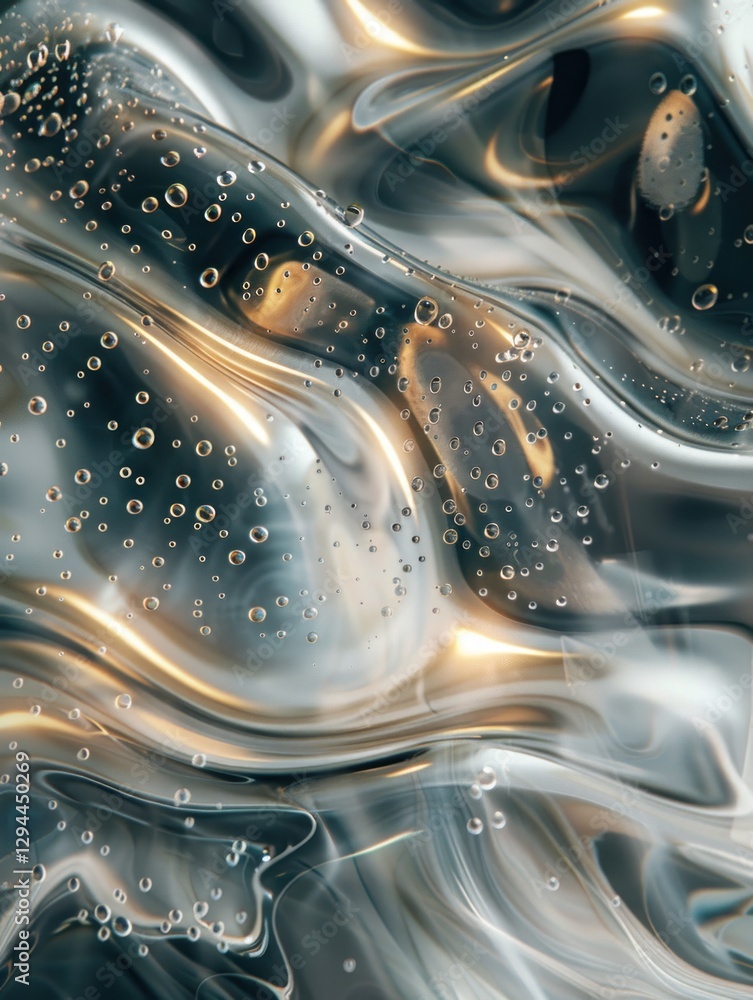 Poster fluid wave-like forms and soft dot clusters create a captivating visual of water ripples, enhanced b