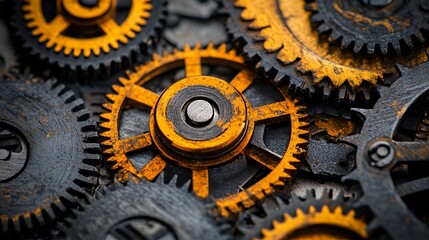 Intricate arrangement of metal gears with a mix of black and orange tones.
