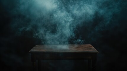 "Thick smoke billowing from a wooden table in a dimly lit room, contrasting against a deep black background."