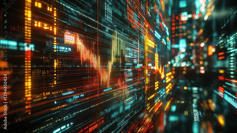 Poster a vibrant digital landscape showcasing flowing data streams and fluctuating graphs, representing tec