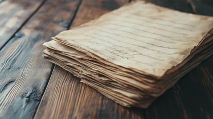 Vintage handwritten letters stacked on a wooden table showcasing historical writing and antique paper textures from the past