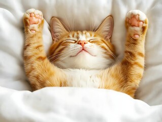 Kitten sleeps peacefully in bed