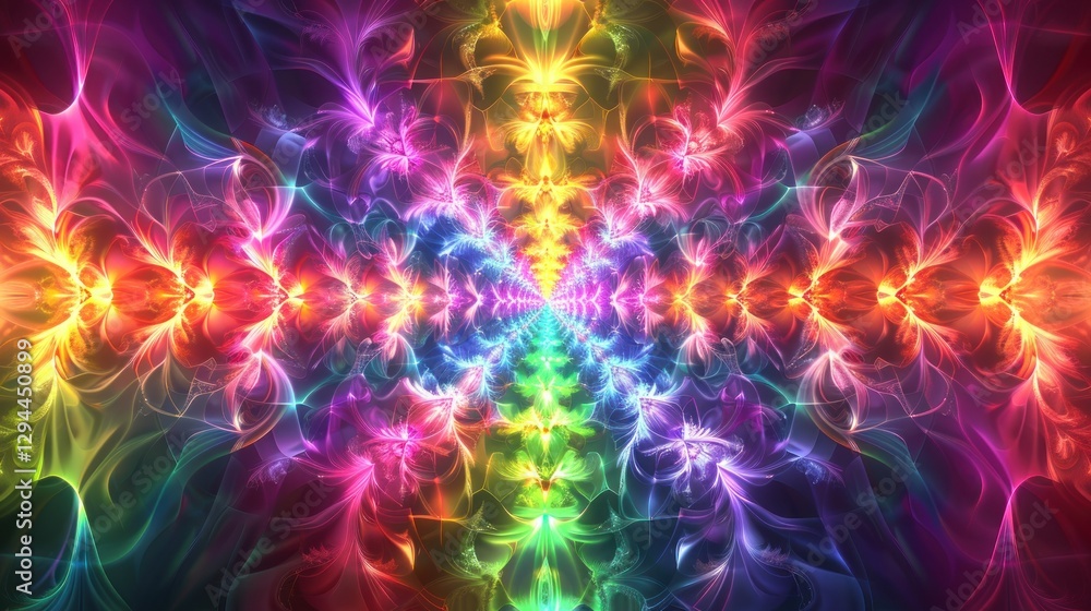Poster a mesmerizing fractal pattern with rainbow colors and soft lighting creates a captivating ambiance