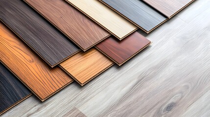 Assortment of laminate and vinyl floor tiles showcasing a diverse range of wood textures and surface finishes