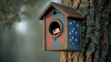 Patriotic birdhouse on tree trunk