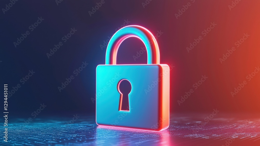 Poster a visually striking padlock illuminated in neon colors, symbolizing security and protection in a dig