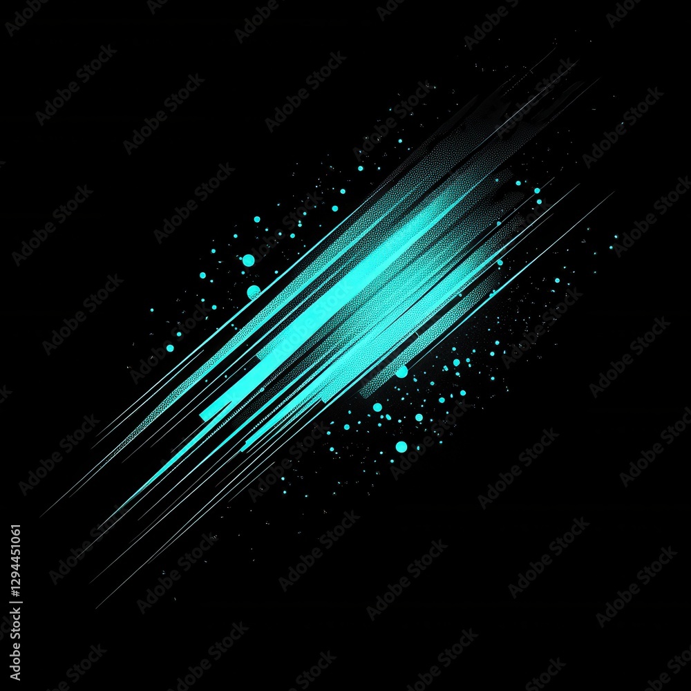 Poster dynamic teal streaks with halftone dots on black backdrop creating a modern abstract design