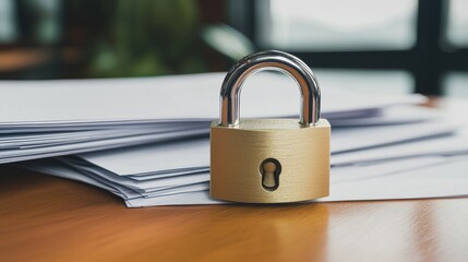 Naklejka premium A brass padlock rests on a stack of papers, symbolizing security and confidentiality in a professional setting.