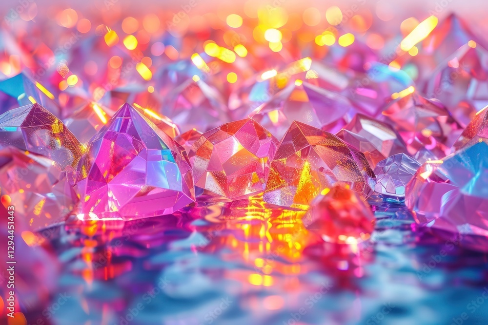 Poster rainbow colors shift across holographic diamonds, creating a mesmerizing display of light and brilli
