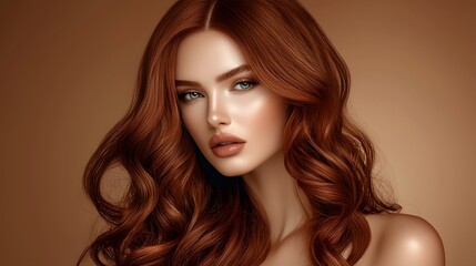 Fototapeta premium Captivating Redhead Beauty with Fiery Curly Hair Smooth and Silky Strands Glowing Skin and Confident Expression Result of Professional Hair Treatment