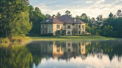 Fototapeta premium Serene Reflection of a Luxury Home by a Calm Lake at Sunset