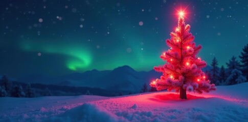 Glowing aurora lights infuse minimalist Christmas tree, abstract, simple