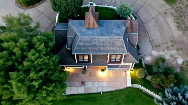 a bright daytime aerial view of a tiny planet featuring the suburban home, surrounded by a vibrant green lawn and trees. As the camera speeds closer.