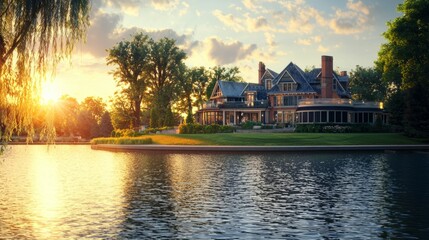 Obraz premium Elegant Lakeside Mansion Surrounded by Lush Greenery at Sunset