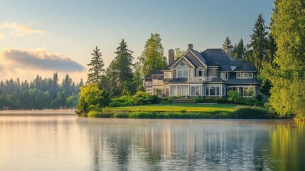 Serene Lakeside Mansion Surrounded by Lush Forest and Calm Water