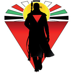 Freedom Fighter with Red Triangle Symbol of Resistance walking towards the rising sun with palestinian flag colors rays Conceptual vector illustration
