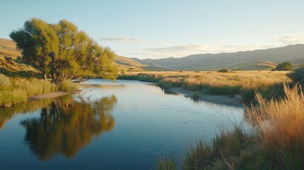 Serene River Landscape with Reflections and Lush Greenery