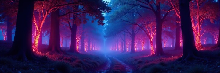 Glowing tree branches are illuminated by an abstract wave of neon colors, glowing foliage, forest landscape, luminescent ambiance