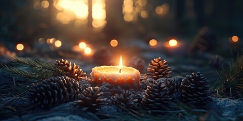 Candle among pinecones and pine needles