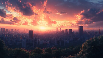 Fototapeta premium Stunning cityscape at sunset with vibrant colors and dramatic cloud formations.