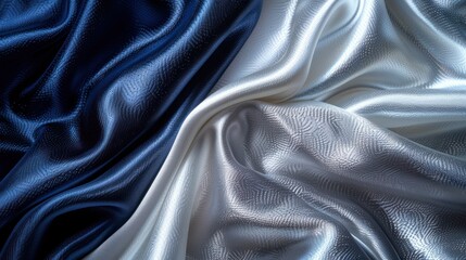 Obraz premium Satin fabric showcases a stunning gradient from dark navy to shimmering silver with smooth curves and ambient light