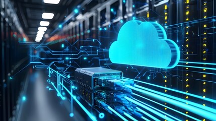 Cutting Edge Data Center Equipped with AI Powered Cloud Computing and Glowing Blue Network Cables Featuring a Floating Digital Cloud on the Ceiling and Advanced Information Storage Technology