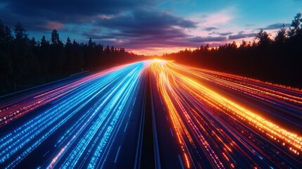 Long exposure light trails on a highway at night with car lights and dark sky background