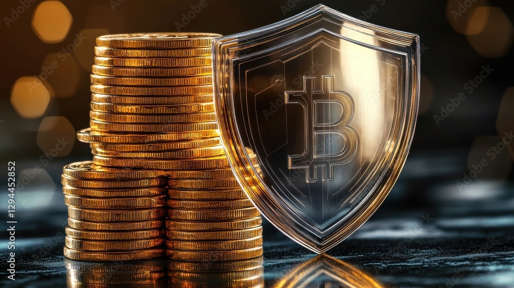 Poster a golden stack of coins with a transparent shield featuring a bitcoin symbol, representing cryptocur