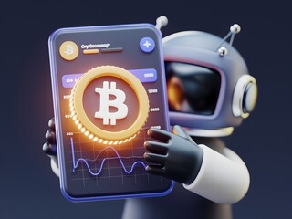 "3D Render of a Glowing Bitcoin Coin Floating on a Mobile Screen with Cryptocurrency Usage Graphs, Held by a Cute 3D Model in a Futuristic Outfit"