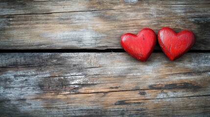 Two vibrant red hearts placed on a rustic wooden surface.
