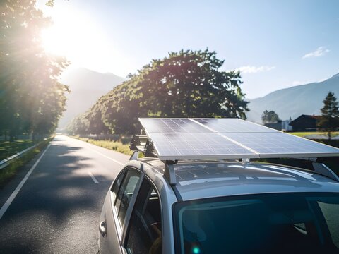 "Photo of a Solar-Powered Car Driving on a Sunny Road, Surrounded by Trees with Mountains in the Background, Under a Bright and Warm Sunlit Sky"