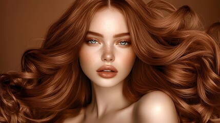 Fototapeta premium Elegant and captivating portrait of a red haired woman with thick glossy and richly auburn colored curls The subject has a flawless salon fresh styling and a sophisticated stunning appearance