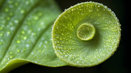 Fototapeta premium Spiral Fern Leaf Detail with Dew Drops