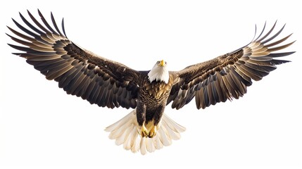 Obraz premium A graceful eagle soaring with its wings spread wide, isolated against a clean white background, photographed in ultra-realistic HD.