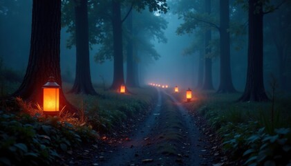 Glowing lanterns illuminate misty forest pathway, glowing lanterns, eerie
