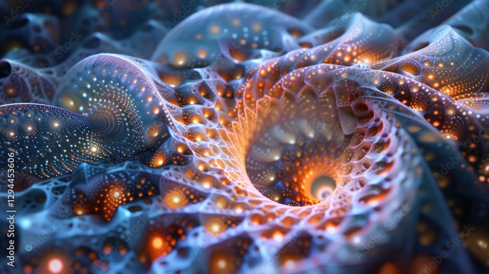 Poster a mesmerizing fractal swirl unfolds with self-replicating patterns in radiant colors and soft ambien